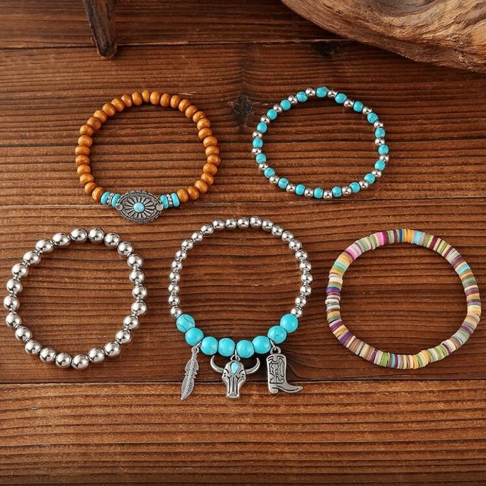 ✨NEW Western Bohemian Turquoise and Silver Beaded Bracelet Set - Picture 4 of 4